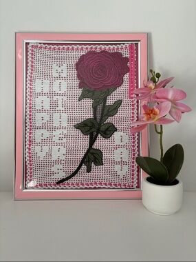 Framed Crochet Rose Wall Art - Pink & Green